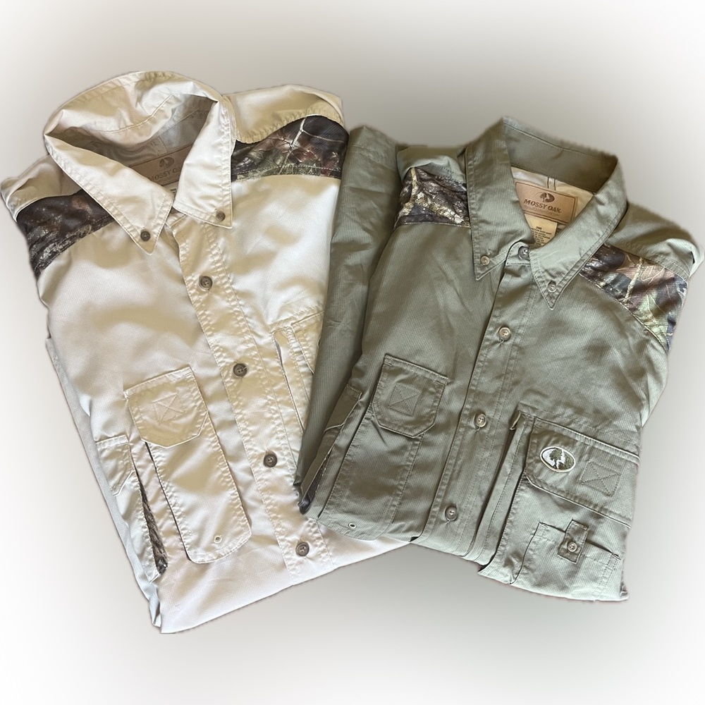 Pair of Two Mossy Oak Men’s Hudson River Short Sleeve Camo Green Tan Button Tee
